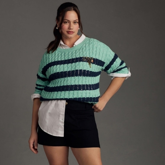 NWT Anthropologie Pilcro Longline Stitch Sweater in blue and green stripes - Picture 5 of 11